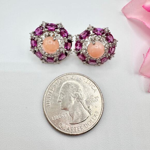 Rodolite Garnet Pink Opal CZ Silver Stud Earrings Tested Opulent Princesscore - Picture 10 of 15